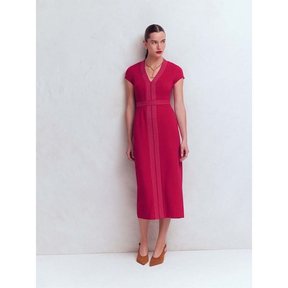 Boden Pink Contrast Stitch V-Neck Cap Sleeve Midi Dress US 6P
